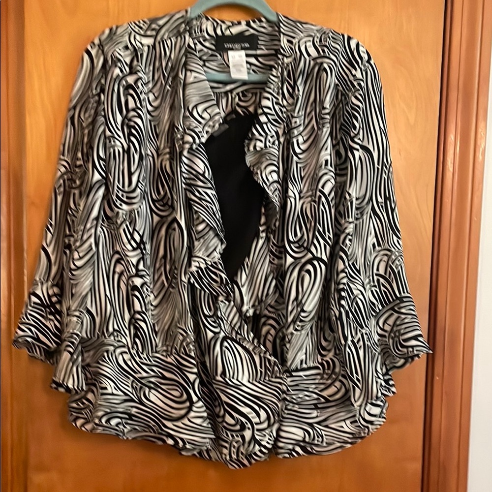 Jones New York Black and White Wrap Blouse with Ruffles and Sheer Camisole